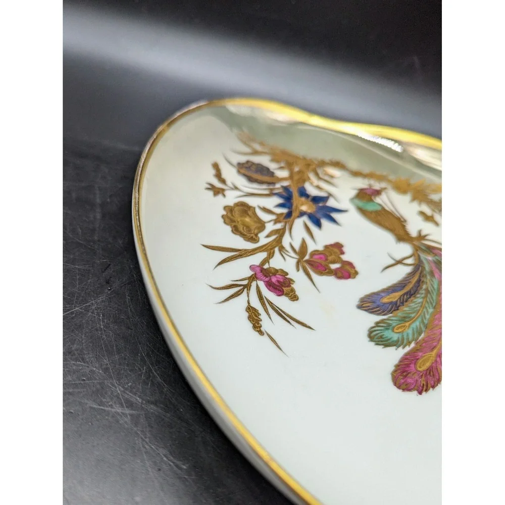 Vintage Dipinto A Mano Longo Oro Zecchino Italy Oval Dish Pheasant Bird Flower